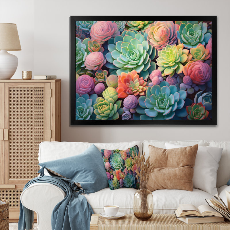 Vert, bleu, plantes grasses, succulentes, rêves II, H 16 po x l 32 po x P 1 po, Cadre simple noir