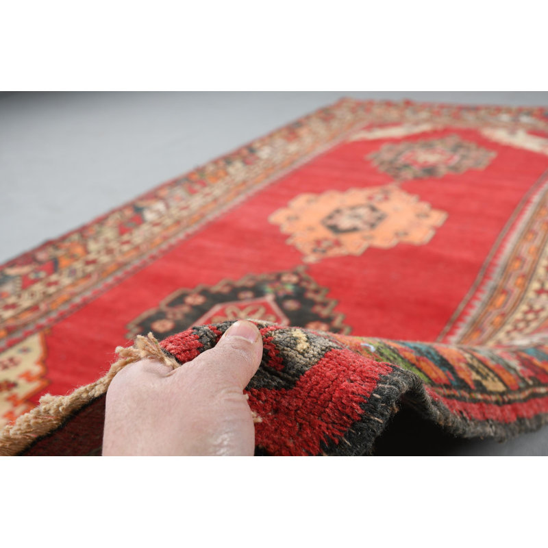 Grand tapis turc Anatolian rétro rouge avec des motifs géométriques pour votre salle à manger