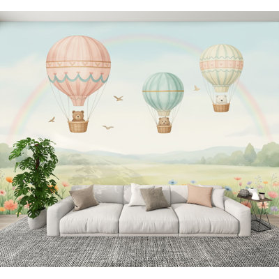 Papier peint pelez et collez, montgolfières fantaisistes, animaux mignons, paysage de prairies pastel, papier peint mural amovible en PVC, H 100 po x l 144 po, pour chambre à coucher, salon, chambre de bébé