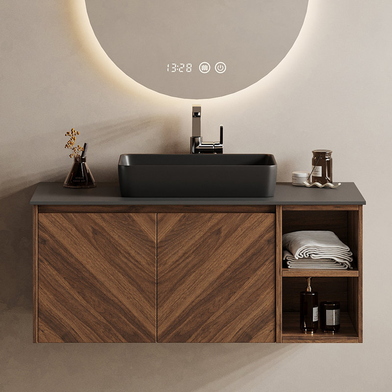 36" Wall-Mounted Brown Wood Bathroom Vanity with Black Ceramic Sink, Pre-Drilled Single-Hole Faucet Hole, Pop-Up Drain & P-Trap Included