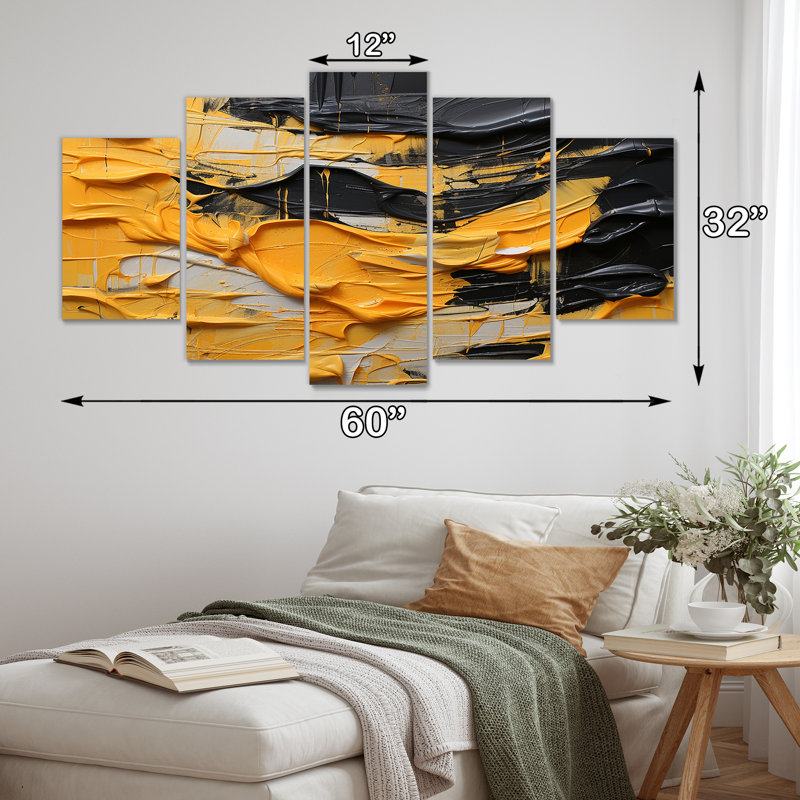 Bold Mustard Yellow Tranquillity - Abstract Wall Art Decor Set 5 Piece, 32" H x 60" W