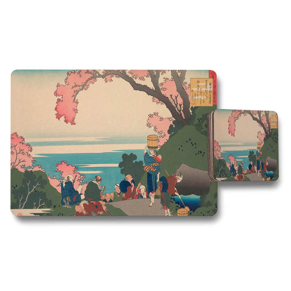 Japanese Cherry Blossom Scene Placemats And Coaster Set Ukiyoe Style