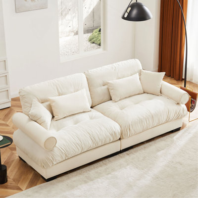 Large Size Modern Two-Seater Sofa With Bolstered Armrests,Velvet 2-Seater Sofa With Waist Pillows And Throw Pillows , Suitable For Living Room , Loft, Working Spaces , Hallway And Bedroom,Cream
