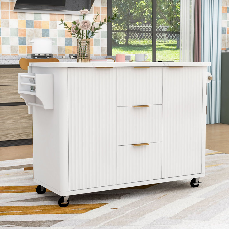 Rolling Fluted Kitchen Island with Drop Leaf, Power Outlet, 3 Drawers and Faux Marble Top, White