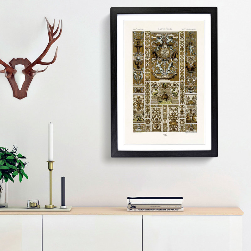 17th Century Pattern with Horses by Albert Racinet - Picture Frame Painting Print, Black Framed, 65cm H x 48cm W x 2cm D
