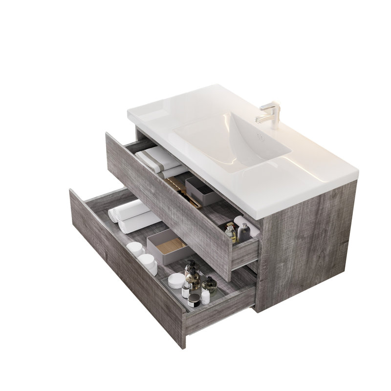 Meuble-lavabo suspendu de 91 cm avec lavabo, armoire murale en contreplaqué, tiroir à fermeture amortie, lavabo en céramique antidébordement
