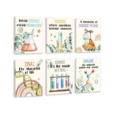 Science Canvas Wall Art,Colorful Chemistry Physics Posters,Set Of 6 (8”X10” Framed)Inspirational Positive Quotes Art Print,Science Bulletin Board Sets Wall Decor For Classroom,Middle School,Lab