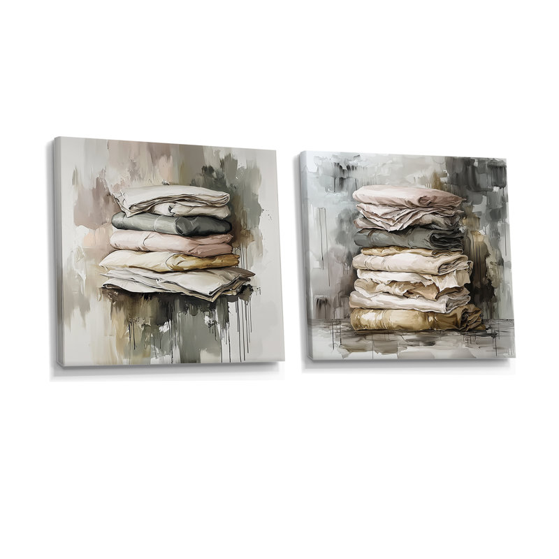 «Gray Minimalist Folds Laundry I», art mural - ensemble d'art mural moderne 2 pièces, H 30 po x l 61 po, Toile tendue