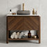 Meuble-lavabo moderne en noyer de 36 po avec portes texturées Linea, plateau en pierre frittée, lavabo vasque en verre noir et tablette de rangement ouverte