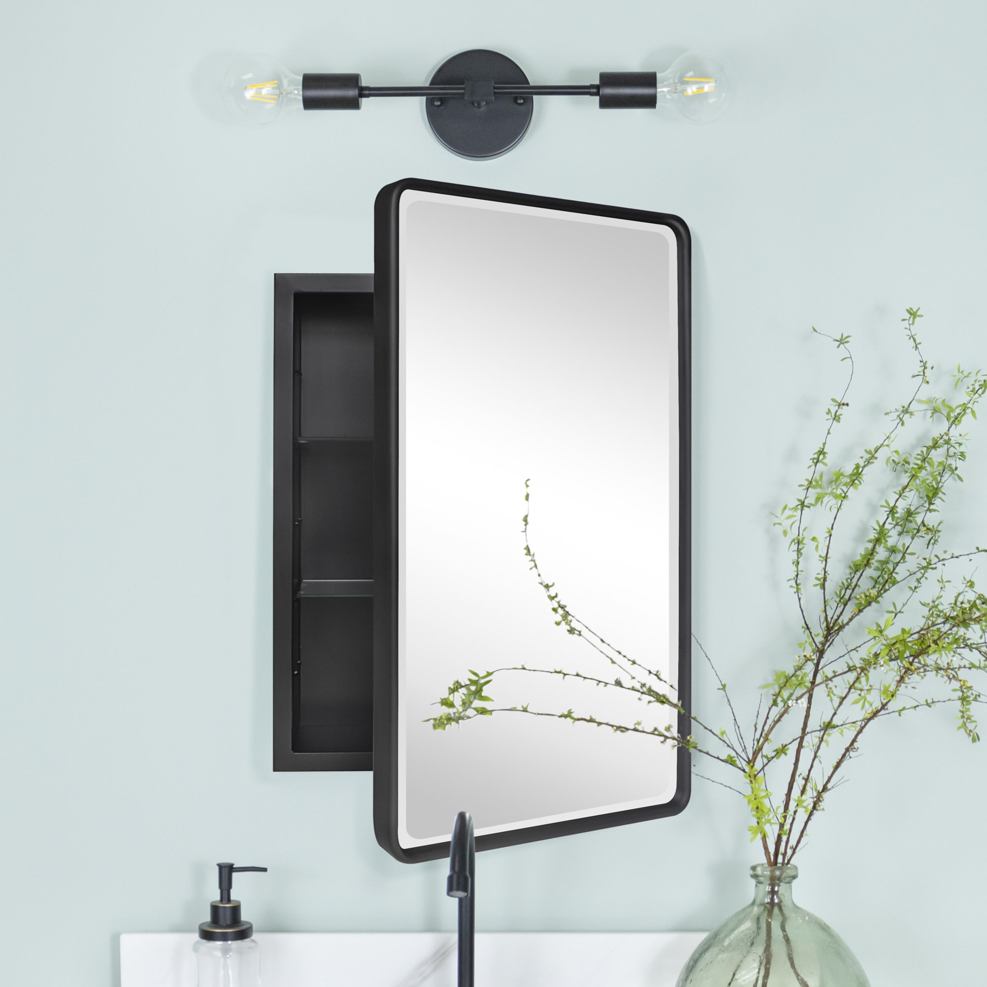 Farmhouse Recessed Metal Bathroom Medicine Cabinets with Mirror with Adjustable Tempered Glass Shelves, Black, 36" x 24"