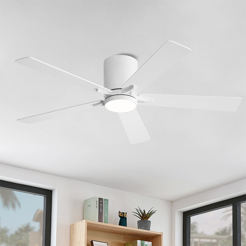 Ventilateur de plafond encastré à courant continu avec trousse d'éclairage et télécommande, Blanc, Blanc / Chêne