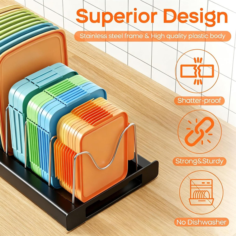 Ensemble de 2 pots et casseroles de rangement, organisateurs de couvercles de rangement pour aliments extensibles avec 10 supports de couvercle de pot de diviseurs réglables (noir)