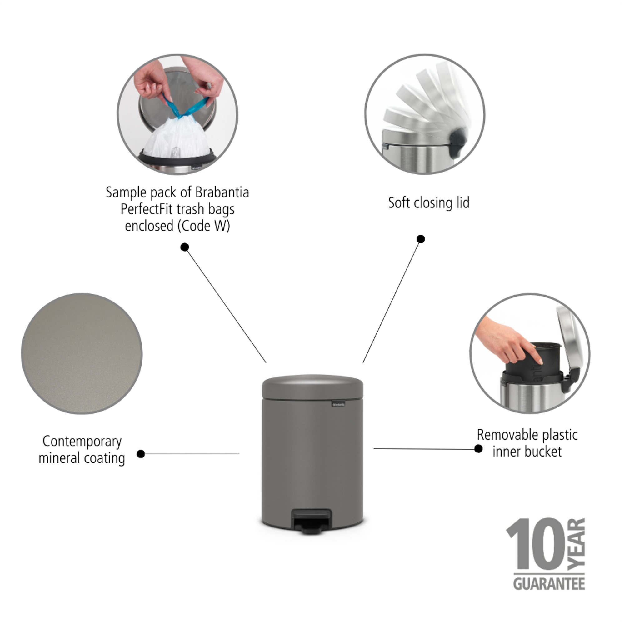 Brabantia NewIcon Step On Trash Can, 1.3 Gallon (5 Liter), Mineral Concrete Gray