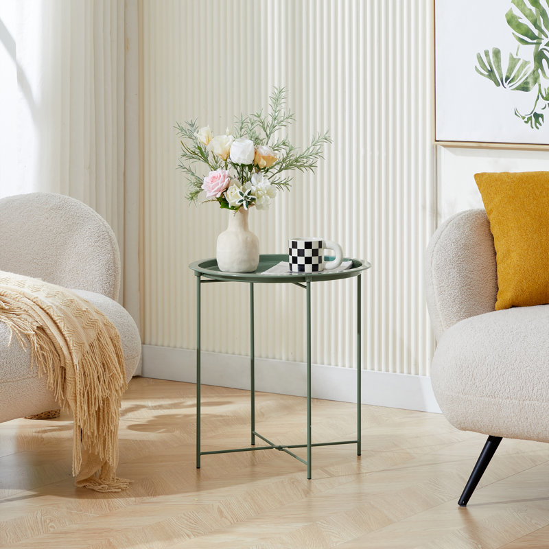 Small Round Side Table with Removable Tray, Folding Accent Table for Bedroom, Balcony, and Garden, Dark Green