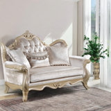 Libertee Uphostered Loveseat W/3 Pillows In Beige And Champagne