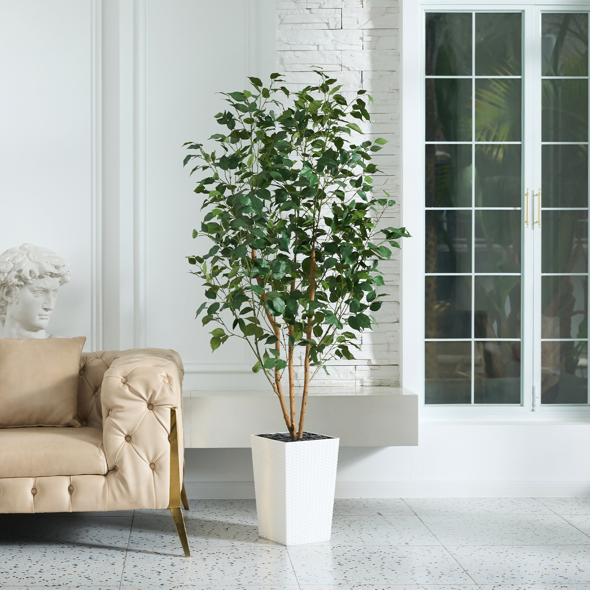 Almont UV Protected Artificial Ficus Tree with Decorative Base, Faux Ficus Plant with Natural Trunk, White