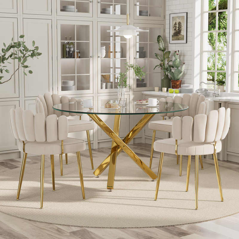 Round Glass Dining Set for 4-6, 5 Pieces: Table, 4 Chairs, White, 29.95"H x 47.2"L x 47.2"W
