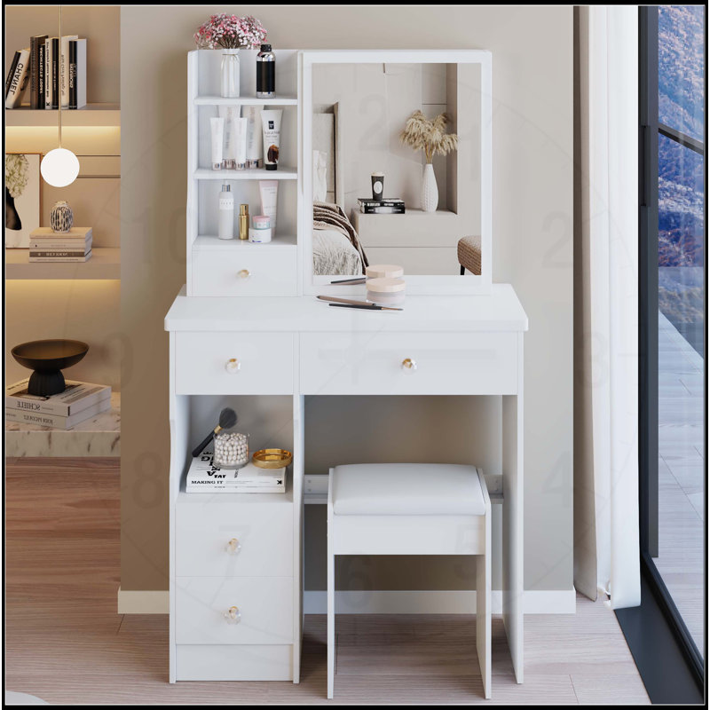 Ensemble de coiffeuse compact et pratique avec tabouret rembourré et plusieurs couches de rangement, Blanc