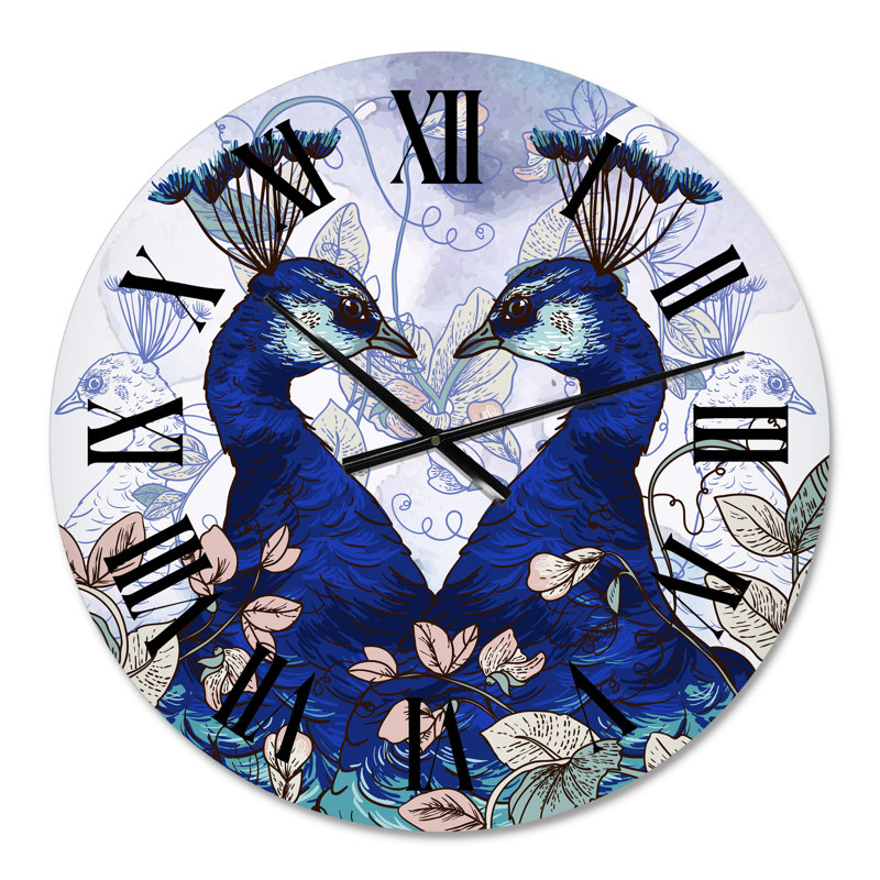 Deux paons bleus avec des fleurs sauvages - horloge murale traditionnelle, Moyen