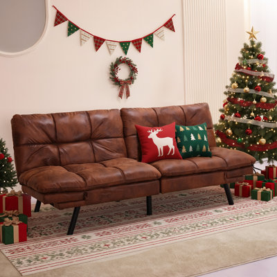 71" Mid Century Modern Leather Convertible Futon Twin Size With Adjustable Arms