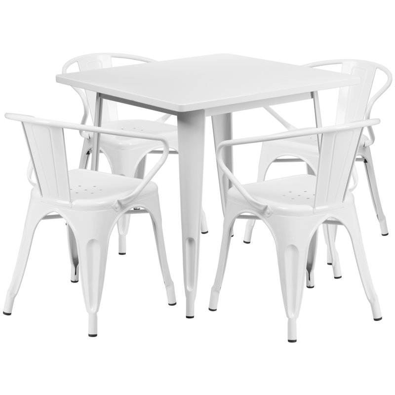 Feodora 31.5'' Square Metal Indoor-Outdoor Table Set with 4 Arm Chairs, White
