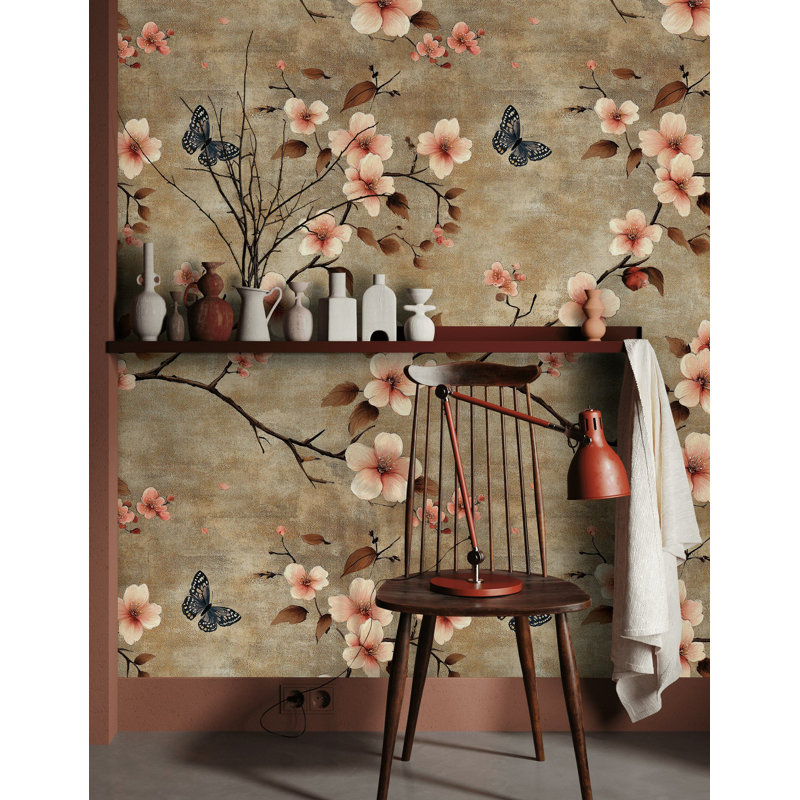 Papier peint floral à motif de fleurs de cerisier beige