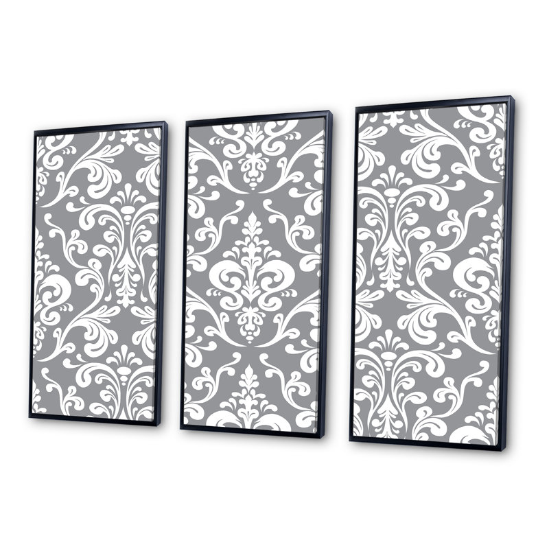 Damas gris et blanc - ensemble d'art mural moderne sur toile encadrée 3, Noir, H 28 po x l 36 po x P 1 po