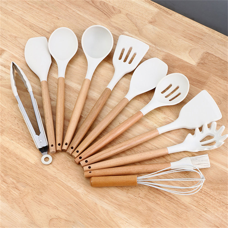 12-Piece Silicone Kitchen Utensil Set With Wooden Handles And Storage Caddy - Non-Stick Cooking Tools For Pots And Pans