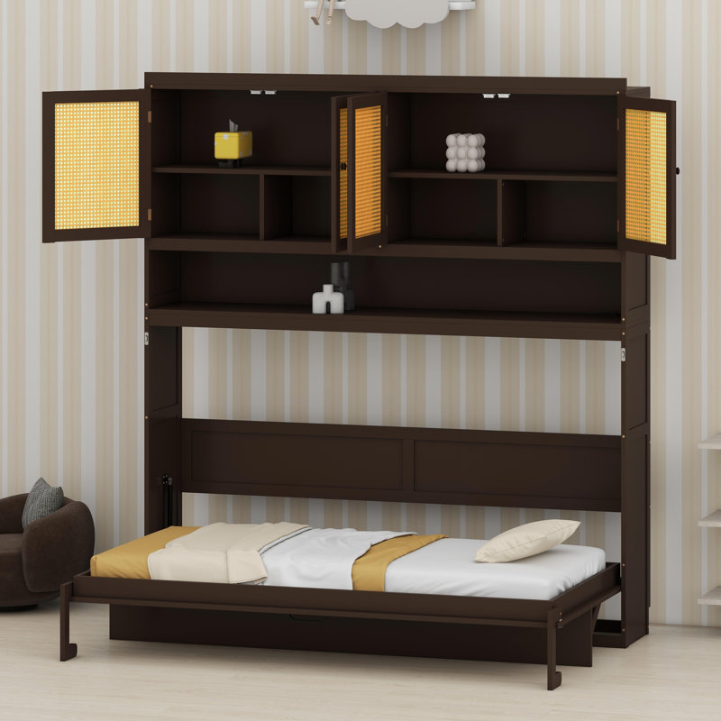 Système de lit escamotable multifonctionnel avec rangement supérieur, éclairage ambiant et station de charge, Espresso