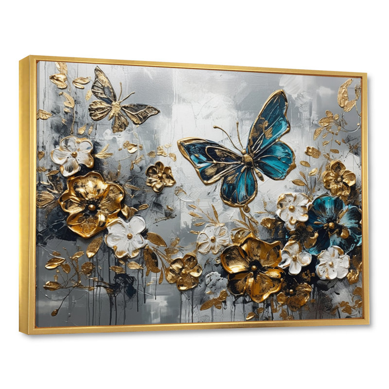 Ryllan, ailes de papillon bleu doré et fleurs V - impressions florales encadrées, H 16 po x l 32 po x P 1 po