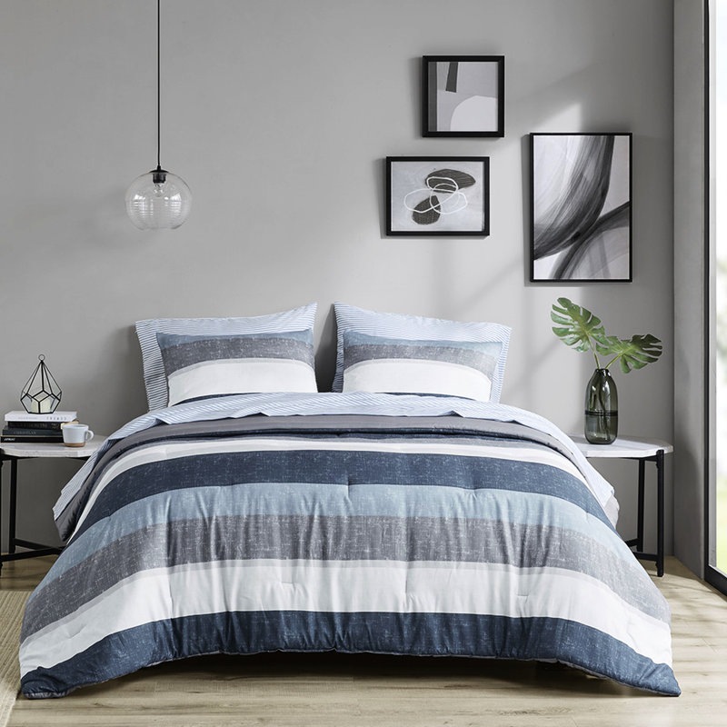 Cozy Comforter With Navy Blue Grey Microfiber Stripe Sheets - Softness Bedroom Pattern Soft And Warm