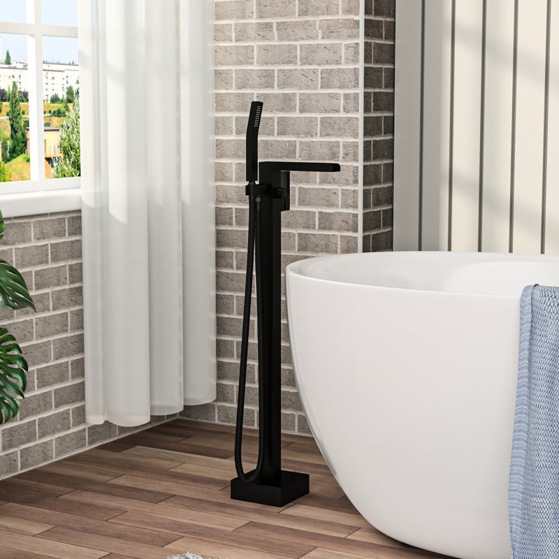 Freestanding Bathtub Faucet With Waterfall Tub Filler And Hand Shower, 360 Rotatable Spout, Dual Temperature Regulation, Brass Base Matte Black Faucet, 59" - Kink Hose, Control For Relaxing Water
