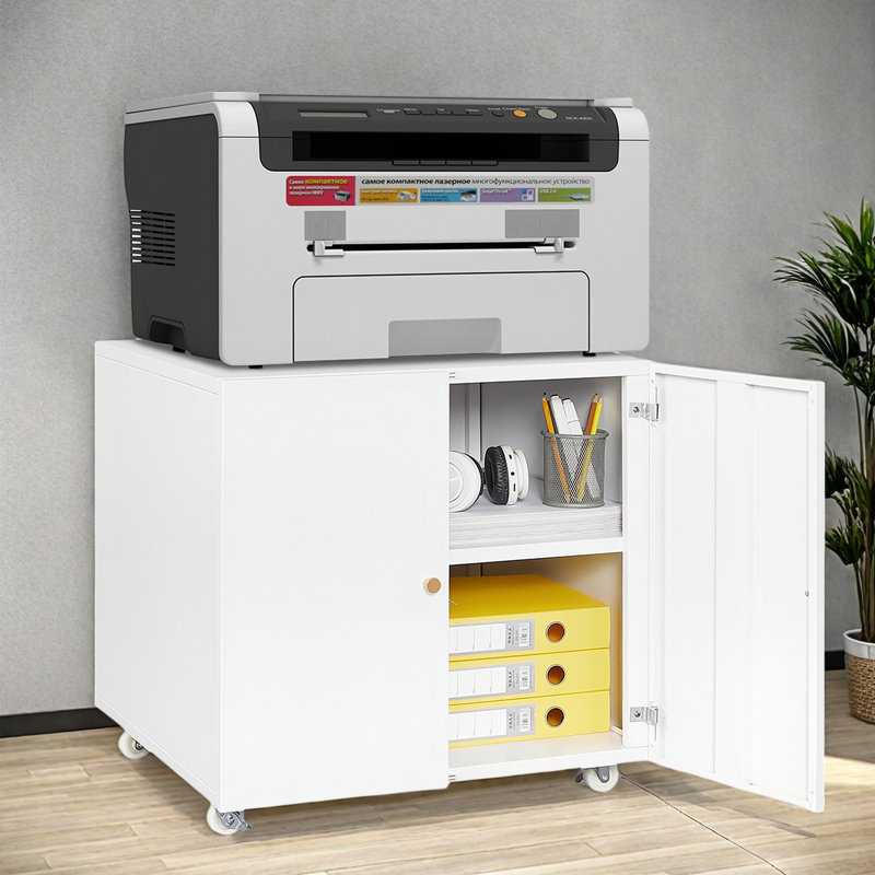 Support pour imprimante compacte en métal sur roulettes avec tablettes réglables et rangement fermé pour bureau à domicile