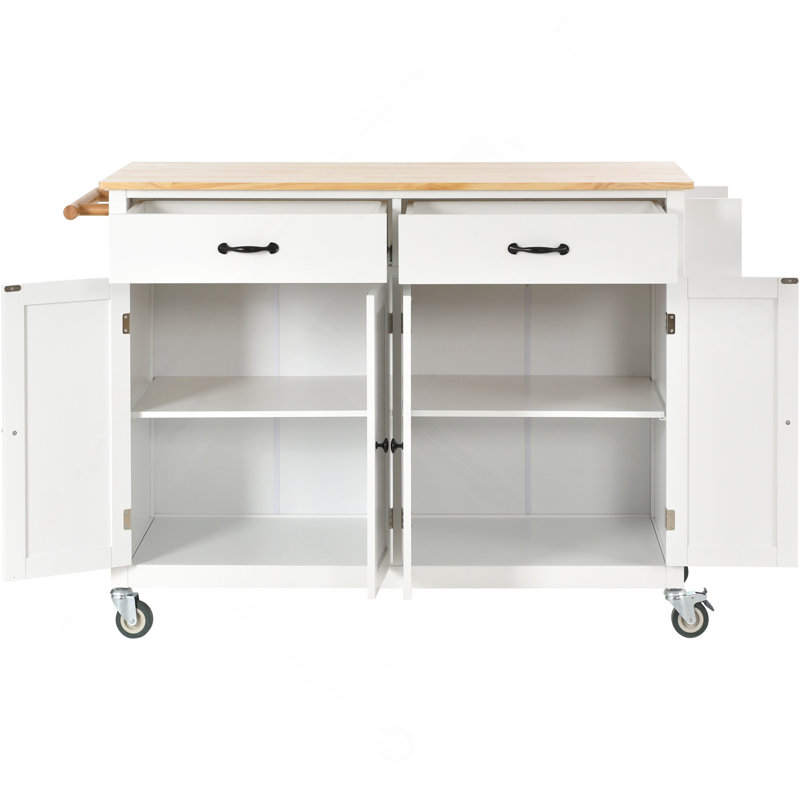 Chariot pour îlot de cuisine avec plateau en bois massif et roues verrouillables, largeur de 54,3 pouces, armoire à 4 portes et deux tiroirs, support à épices, porte-serviettes