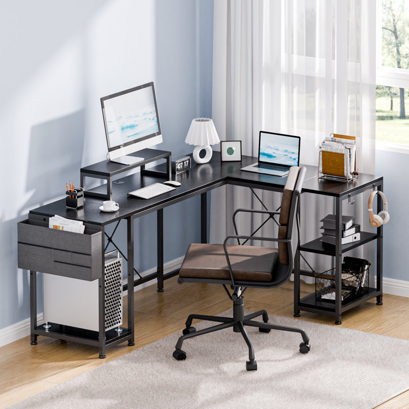 95" L-Shaped Desk with Shelves,Corner Computer Desk or 2 Person Long Table with Monitor Stand, Black/Black