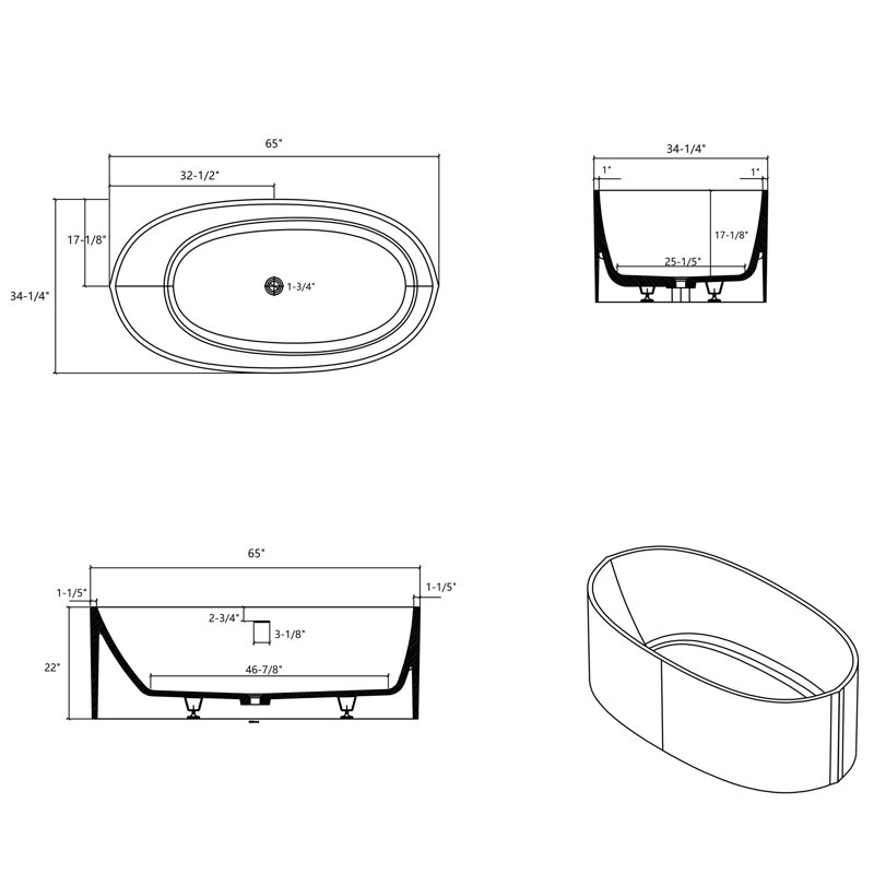 65'' x 34'' Freestanding Solid Surface Bathtub