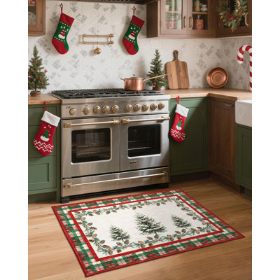 Tapis de Noël lavable à la machine, doux et décoratif, avec envers antidérapant, motif couronne de pin enneigée, à carreaux, pliable et mince, pour intérieur.