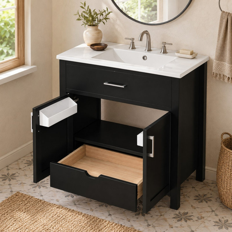 Meuble-lavabo autoportant de 76 cm de large avec porte, tiroir intérieur et dessus en céramique, Noir