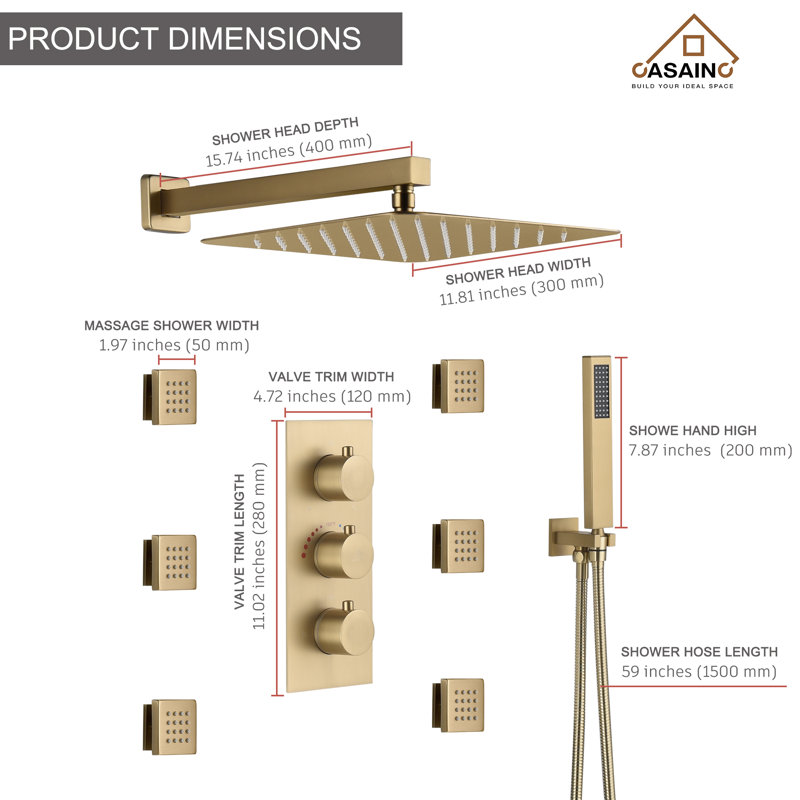 Revitalize 12 Inch Luxury Thermostatic Complete Shower System with Rough-in Valve, Brushed Gold