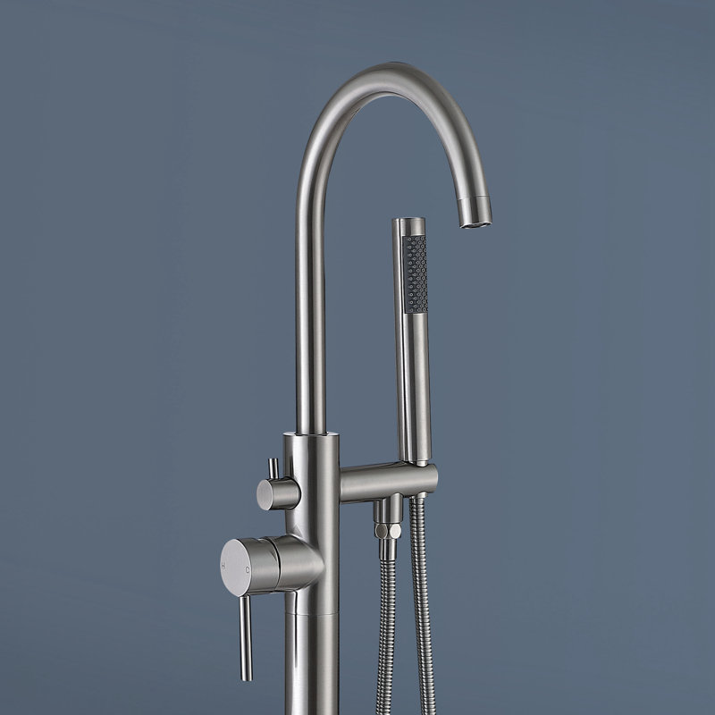 Topcraft Single Handle Floor Mounted Freestanding Tub Filler with Hand shower, Brushed Nickel