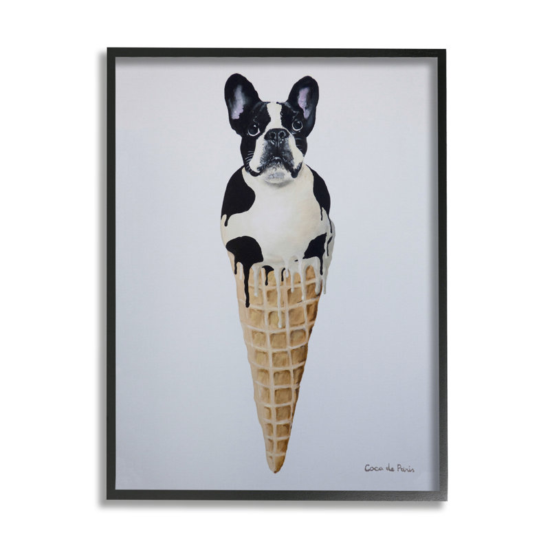 «Boston Terrier Dog Ice Cream Cone Dessert» par Coco de Paris - Peinture, Giclée encadrée noir minuit