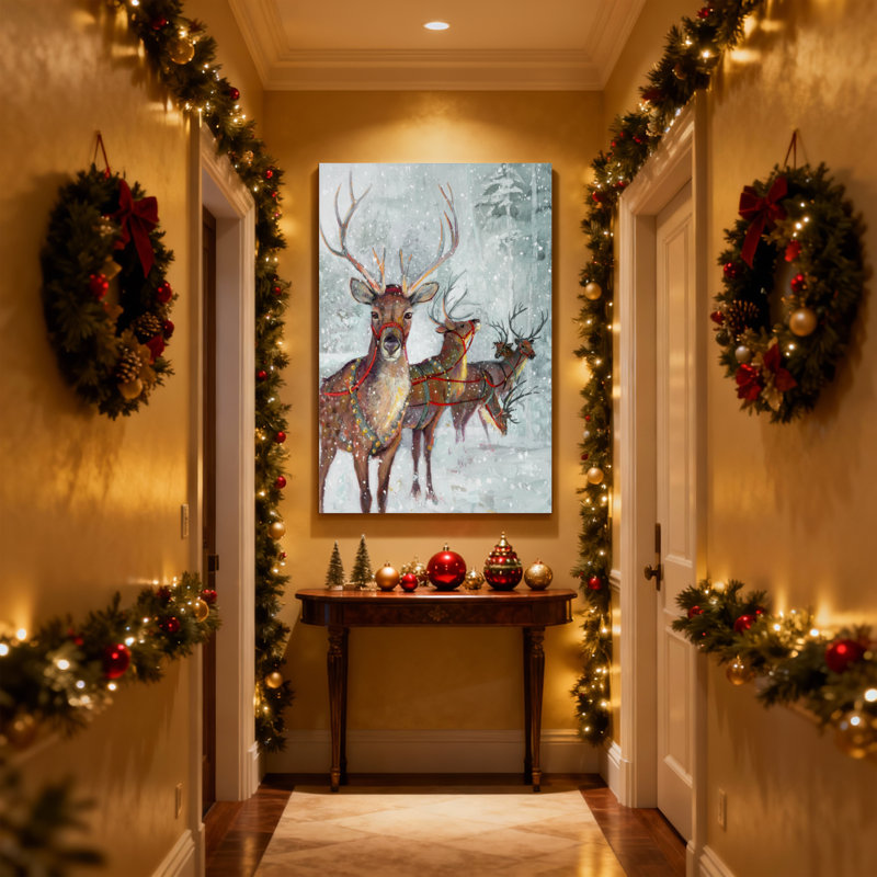 Ensemble de 3 reproductions d'art sur toile, renne de Noël dans la forêt en hiver avec neige, H 30 po x l 20 po