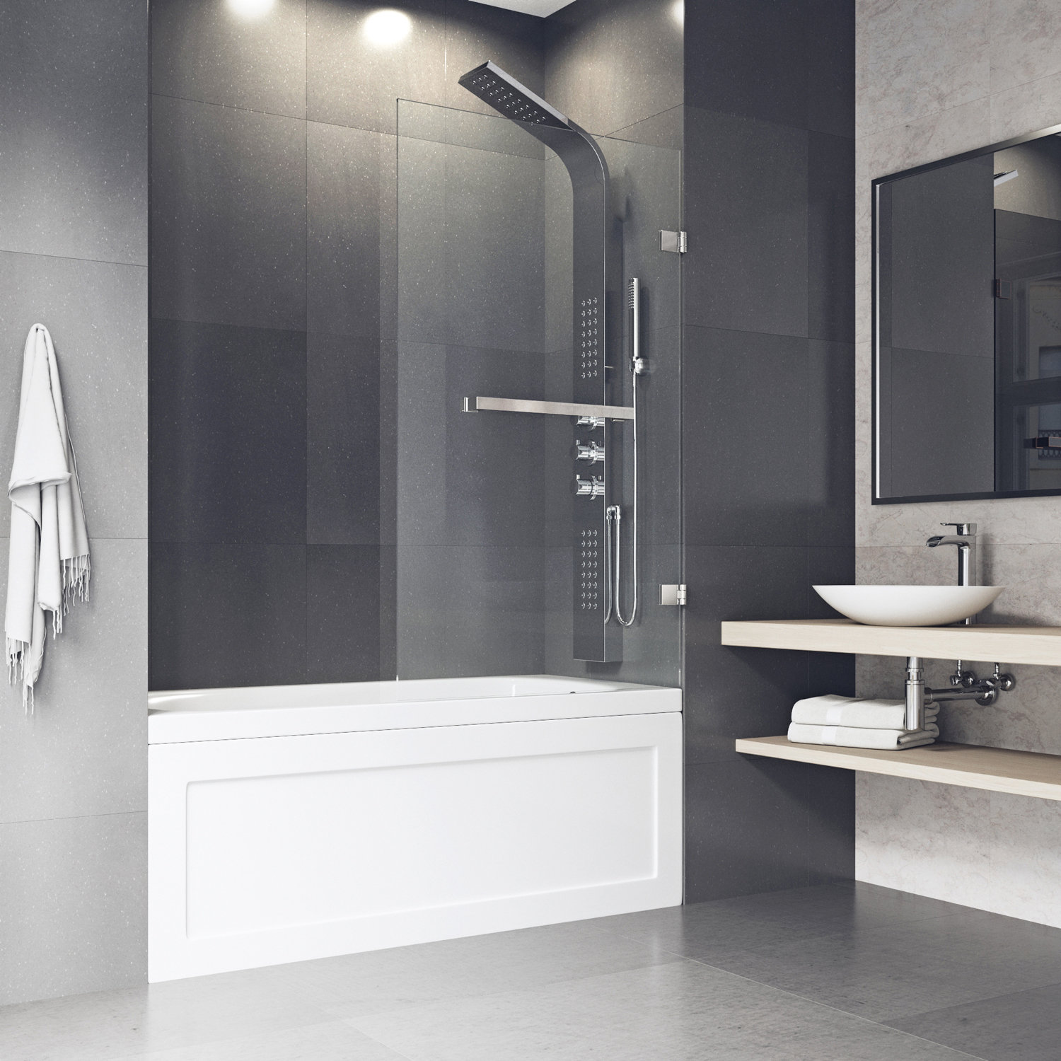 Rialto Frameless Hinged Tub Door, Stainless Steel Clear