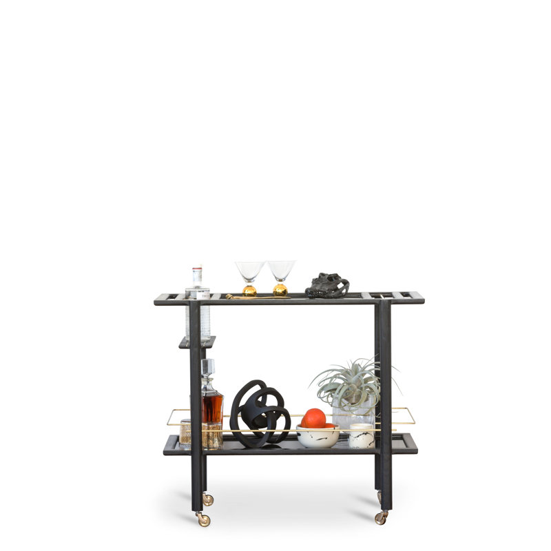 Solid Wood Bar Cart with Wheels, Ebonized Oak/Brass