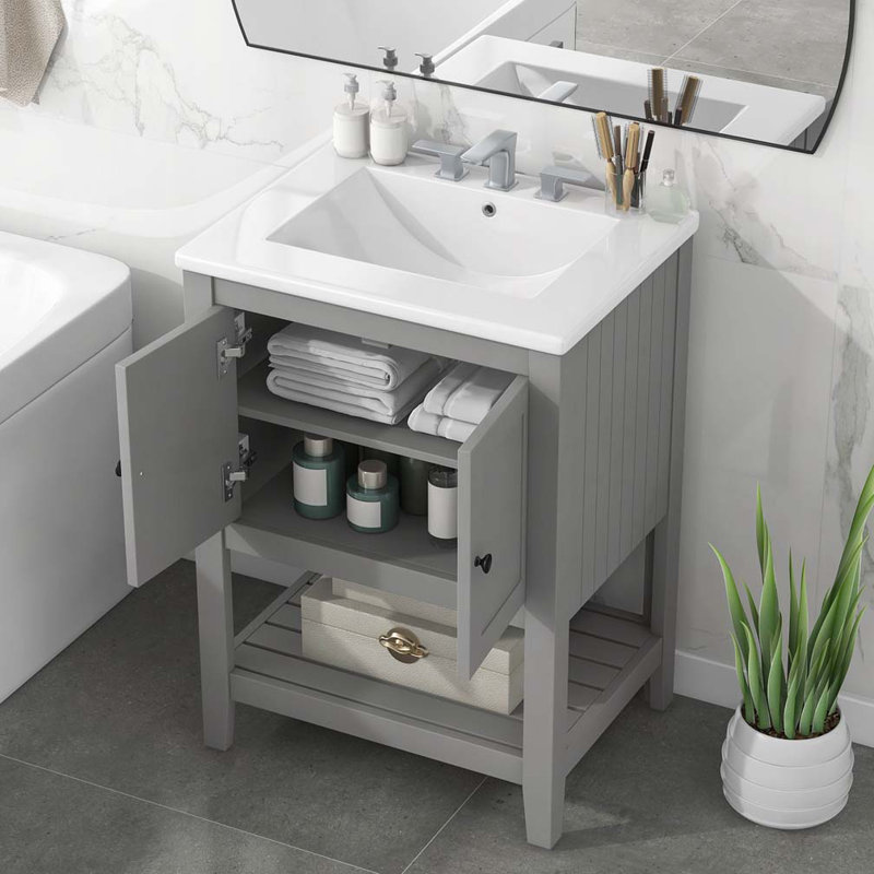Meuble-lavabo de salle de bain avec lavabo en céramique, structure en bois massif et tablette ouverte, Gris