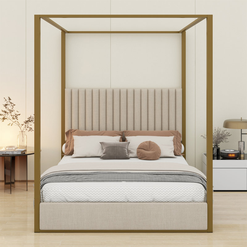 Grand lit plateforme à baldaquin avec tête de lit, Beige