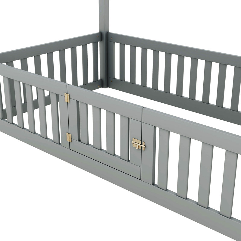 Twin Wood House Bed In Gray With Fence & Door - Strong Pine Construction Size And Solid Make, Gray, Twin