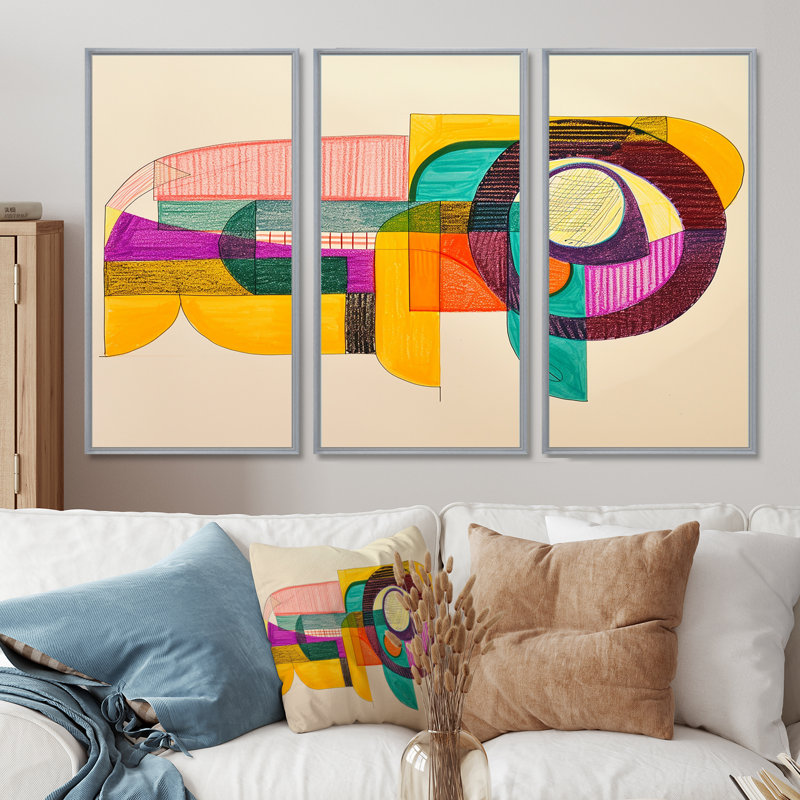 Ensemble de salon Organic Shapes Retro Colors - Geometric Wall Art, Encadrement argenté, H 28 po x l 36 po x P 1 po