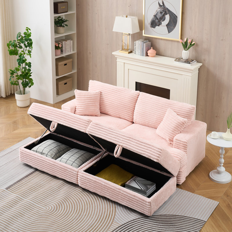 79.3'' Corduroy Comfortable 3 Seater Sofa  With Ottoman, Pink