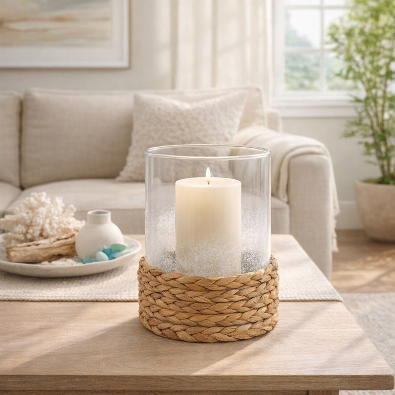 Porte-bougie moderne en verre et ouragan avec base tissée pour décoration de table moderne
